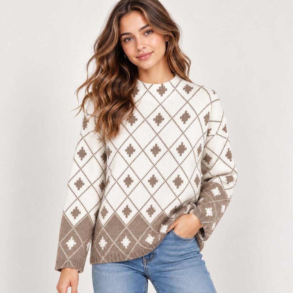 Rachel Zoe Sweater Geometric White Brown Soft Rayon Blend Sz M Preppy Boho-chic